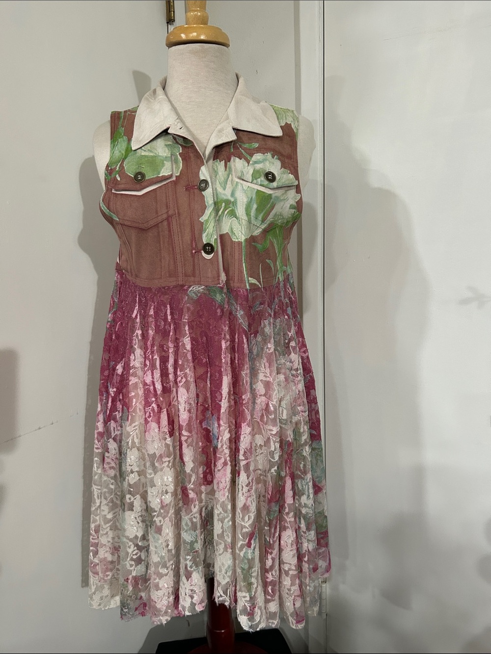Girls Sleeveless Floral Lace Dress in Pink, Green and Cream